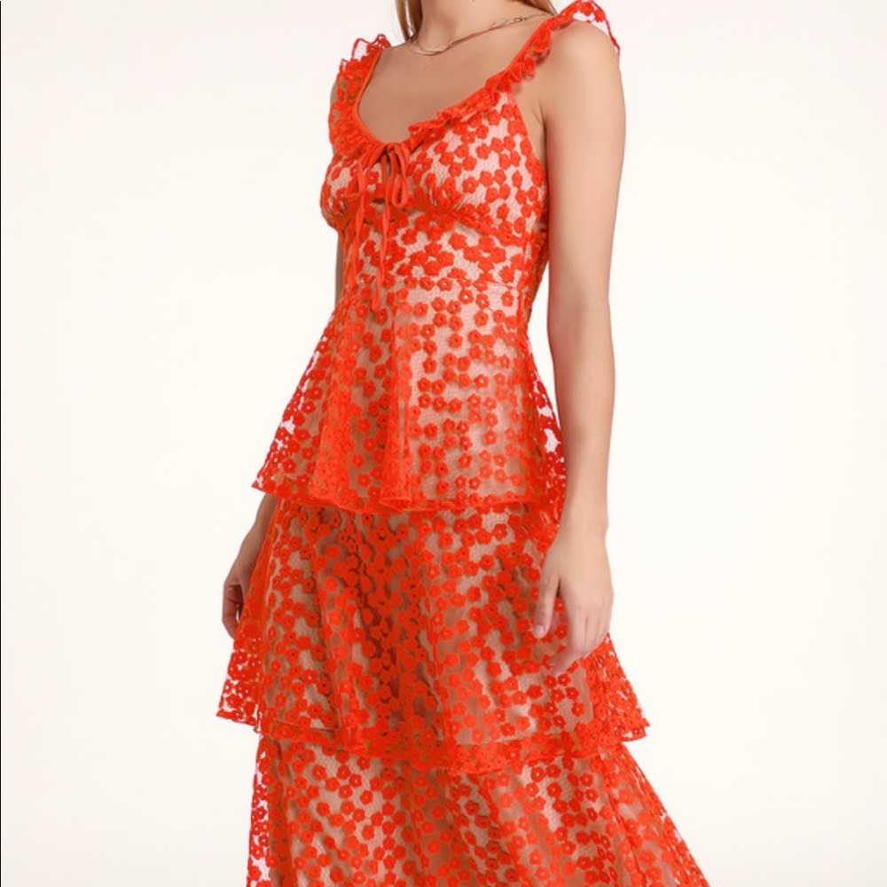 Someday Swoon coral red embroidered midi dress